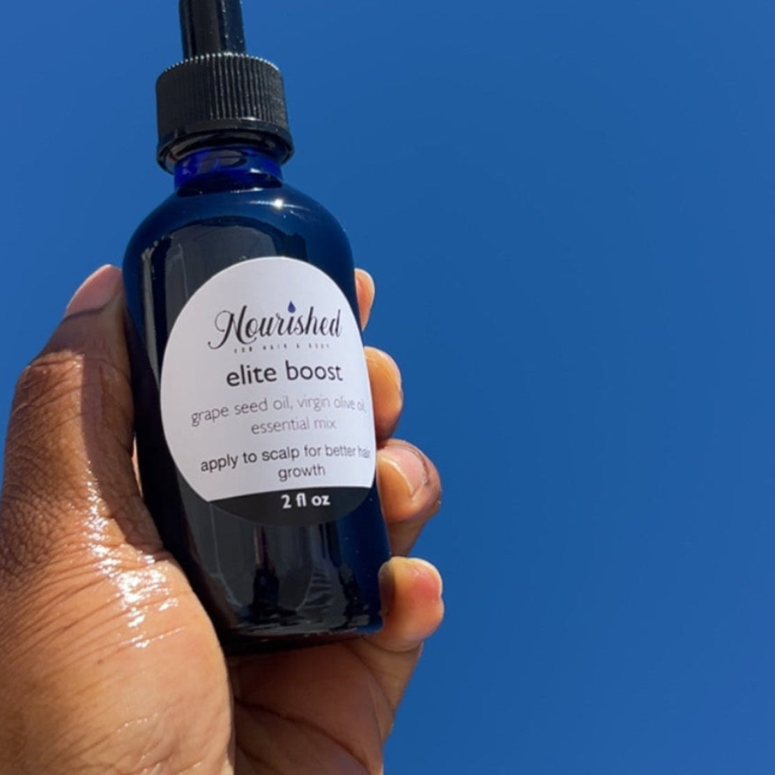 Hand holding a blue dropper bottle against a clear blue sky