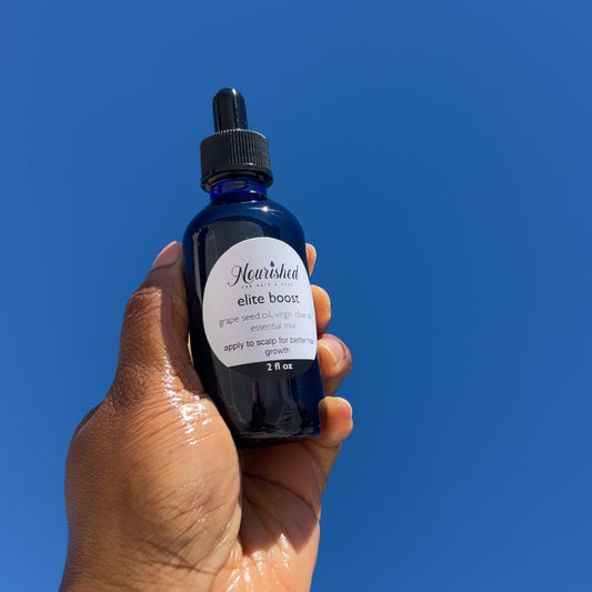 Hand holding a blue dropper bottle against a clear blue sky